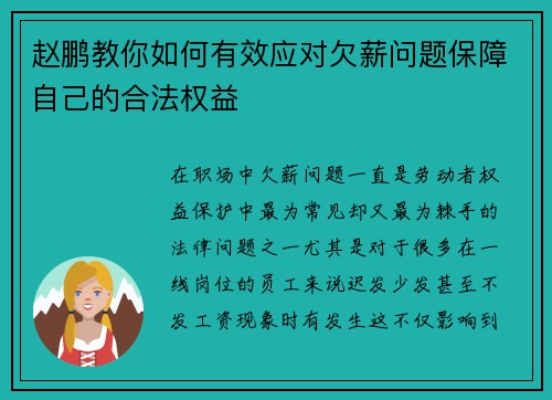 赵鹏教你如何有效应对欠薪问题保障自己的合法权益