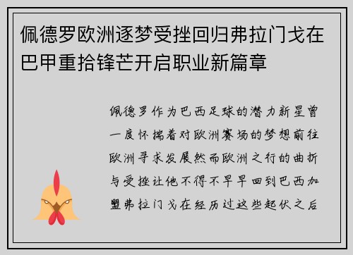 佩德罗欧洲逐梦受挫回归弗拉门戈在巴甲重拾锋芒开启职业新篇章